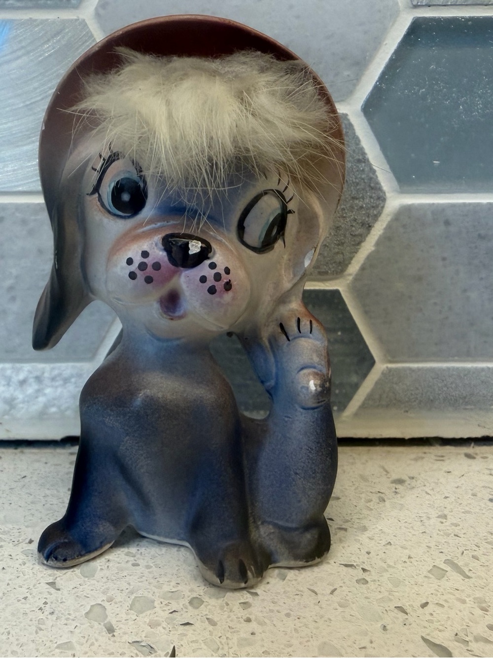 Vintage Blue Porcelain Dog With Soft Hair. Kitschy. Anthropomorphic. Rare. MCM